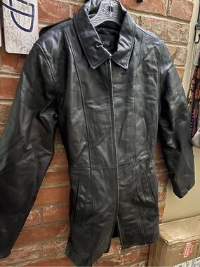 Black Leather Jacket - Classic Zip Front and Tie around Waist Oscar Piel